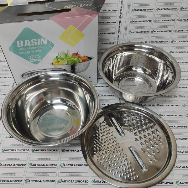 3-in-1 মাল্টি-ফাংশনাল স্টেইনলেস স্টিল বোল সেট ( সবজি কাটা , ধোওয়া , মিক্সিং সেট) | 3-in-1 Vegetable Cutter with Drain Basket